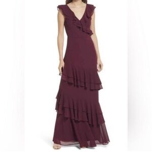 NWT Lulus Majesty Ruffle Gown Maxi Dress Maroon Burgundy Size Large